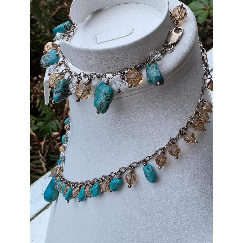 925 Sterling Silver‎ Turquoise & Swarovski Crystal Necklace Bracelet Set